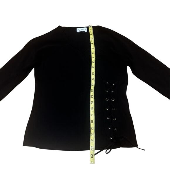 Carmen Marc Valvo Womens Medium Black Top V-neck Grommet Faux Wrap - Picture 6 of 6